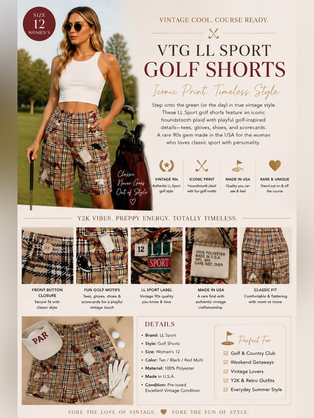 VTG LL Sport Golf Shorts 12 USA Novelty Plaid Country Club Preppy Y2K